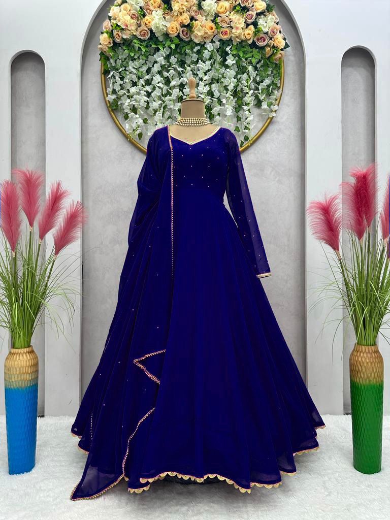Georgette Embroidered Designer Gown For Women, Blue at Rs 1500 in Surat